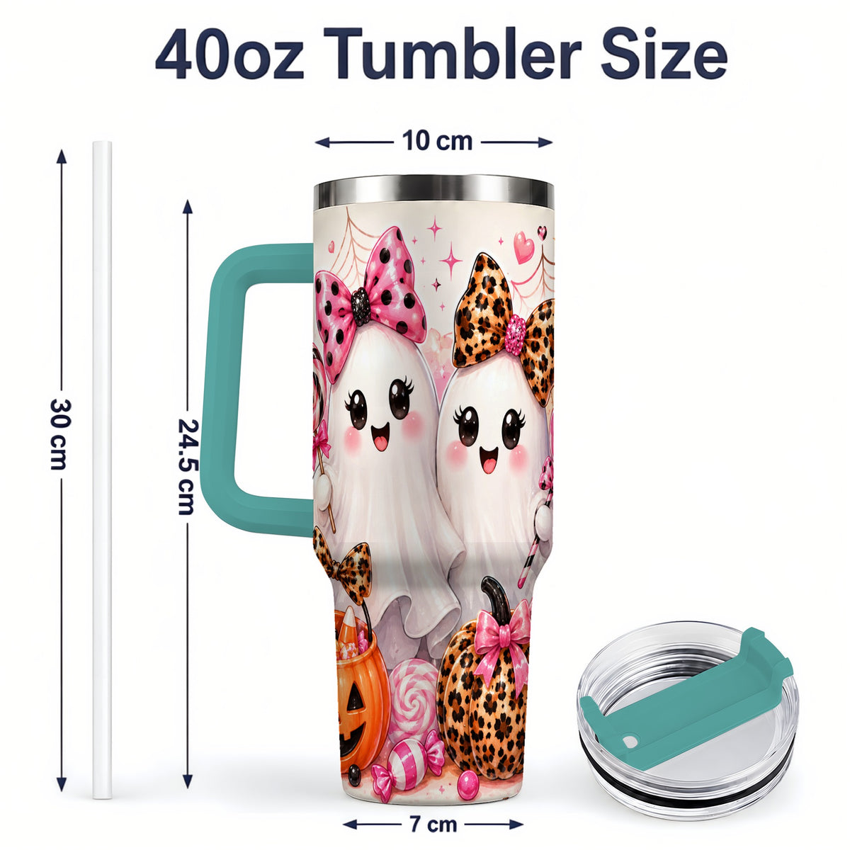 #pl[40oz|Green] Pink Halloween Ghost 40oz Tumbler, Candy Pumpkin Artwork Drinkware