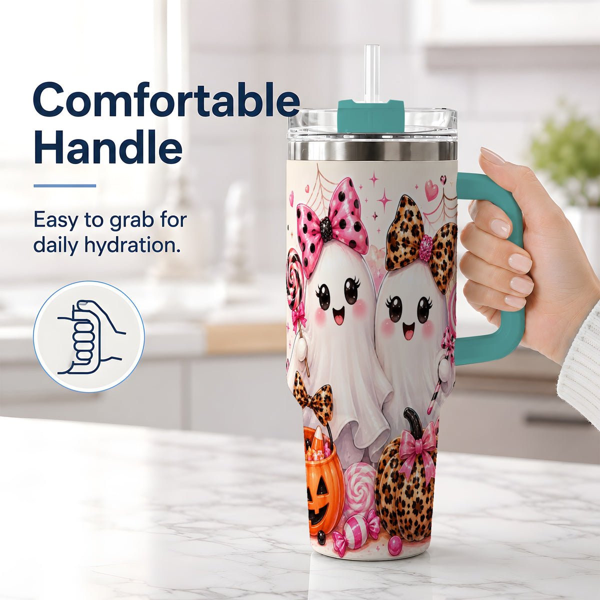 #pl[40oz|Green] Pink Halloween Ghost 40oz Tumbler, Candy Pumpkin Artwork Drinkware