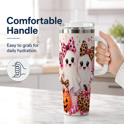 #pl[40oz|White] Pink Halloween Ghost 40oz Tumbler, Candy Pumpkin Artwork Drinkware