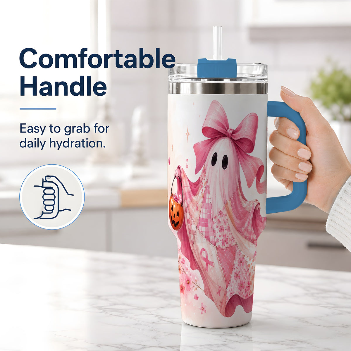 #pl[40oz|Blue] Pink Patchwork Ghost 40oz Tumbler, Floral Pumpkin Artwork Drinkware