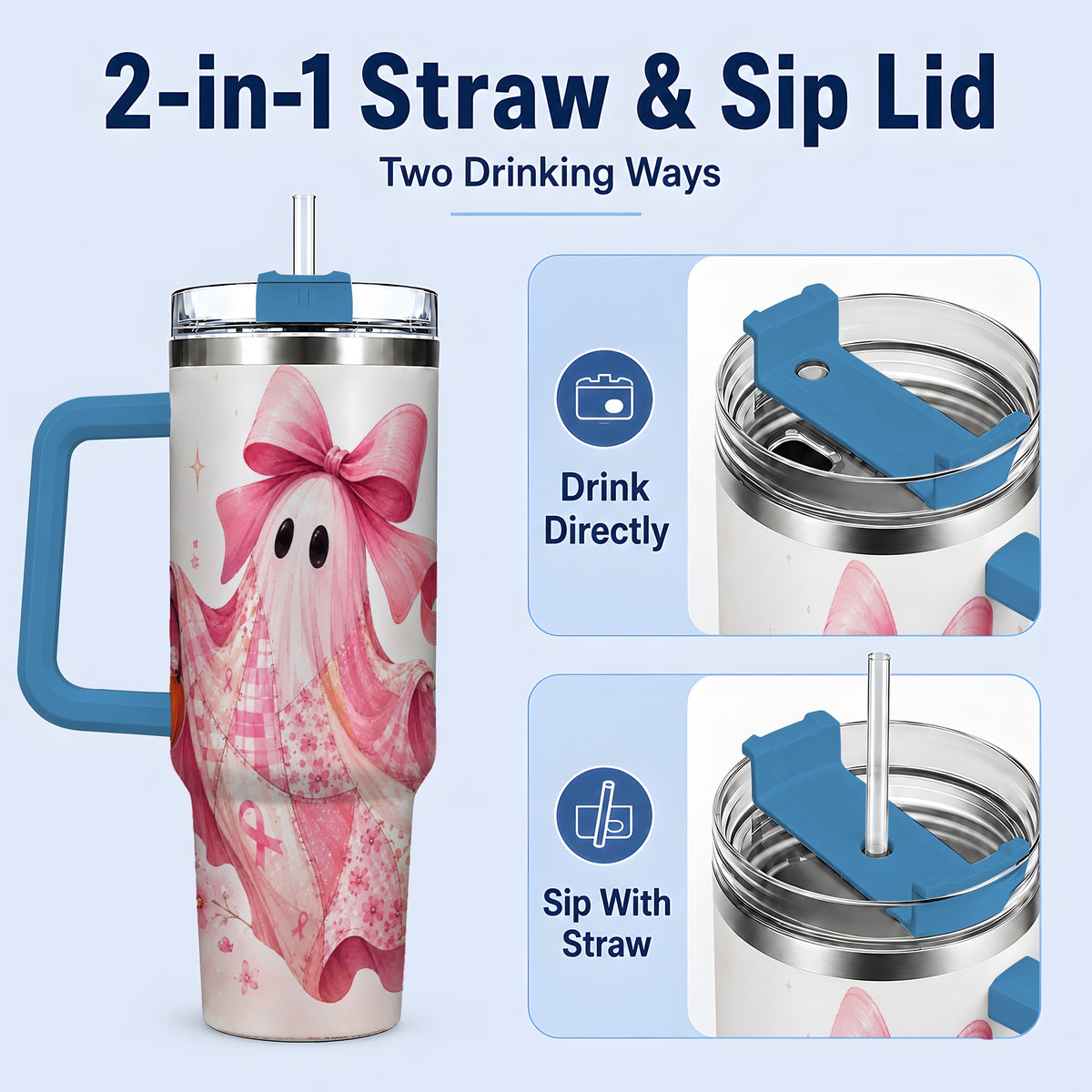 #pl[40oz|Blue] Pink Patchwork Ghost 40oz Tumbler, Floral Pumpkin Artwork Drinkware