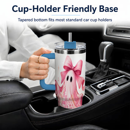 #pl[40oz|Blue] Pink Patchwork Ghost 40oz Tumbler, Floral Pumpkin Artwork Drinkware