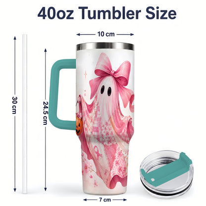 #pl[40oz|Green] Pink Patchwork Ghost 40oz Tumbler, Floral Pumpkin Artwork Drinkware