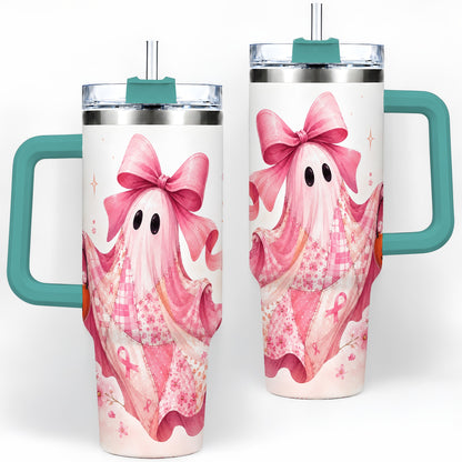 #pl[40oz|Green] Pink Patchwork Ghost 40oz Tumbler, Floral Pumpkin Artwork Drinkware