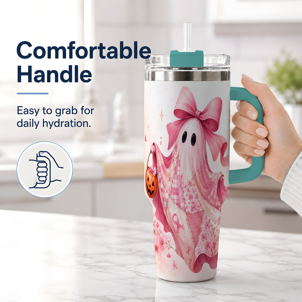 #pl[40oz|Green] Pink Patchwork Ghost 40oz Tumbler, Floral Pumpkin Artwork Drinkware