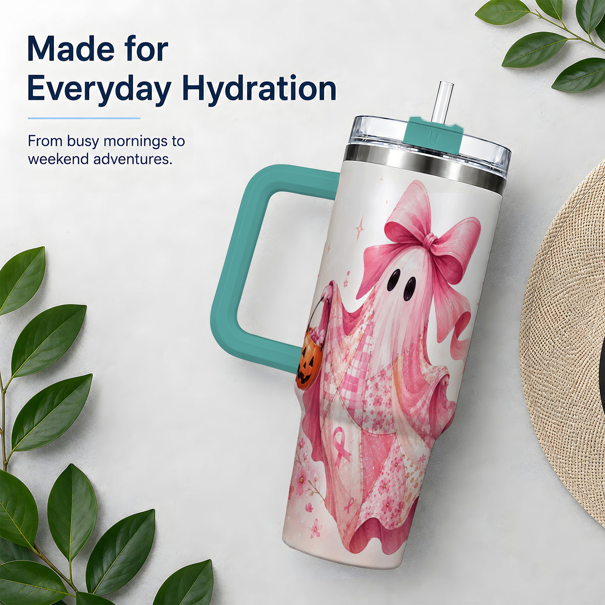 #pl[40oz|Green] Pink Patchwork Ghost 40oz Tumbler, Floral Pumpkin Artwork Drinkware
