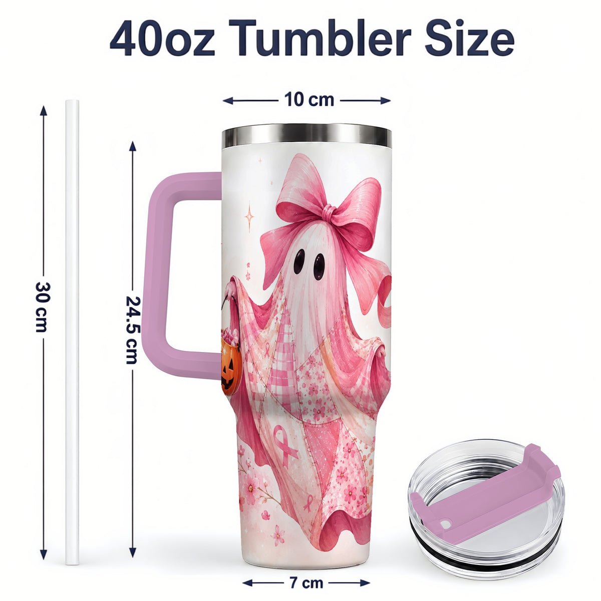 #pl[40oz|Pink] Pink Patchwork Ghost 40oz Tumbler, Floral Pumpkin Artwork Drinkware