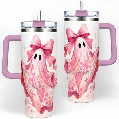 #pl[40oz|Pink] Pink Patchwork Ghost 40oz Tumbler, Floral Pumpkin Artwork Drinkware
