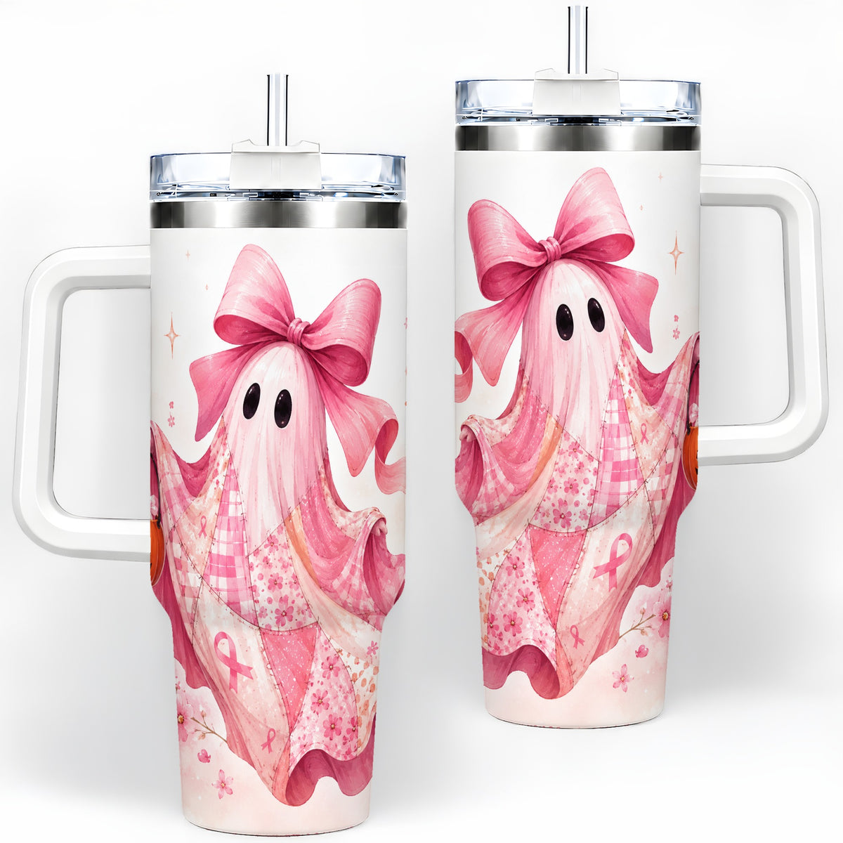 Pink Patchwork Ghost 40oz Tumbler, Floral Pumpkin Artwork Drinkware
