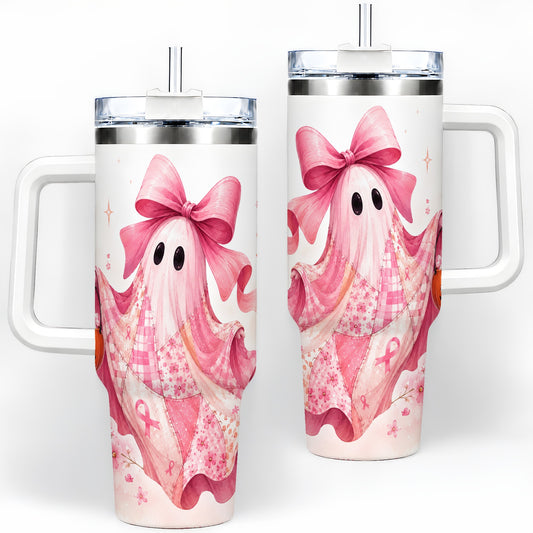 Pink Patchwork Ghost 40oz Tumbler, Floral Pumpkin Artwork Drinkware