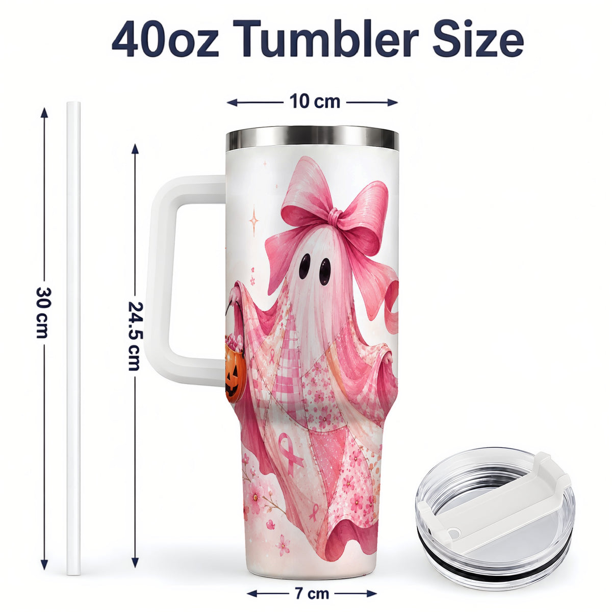 #pl[40oz|White] Pink Patchwork Ghost 40oz Tumbler, Floral Pumpkin Artwork Drinkware