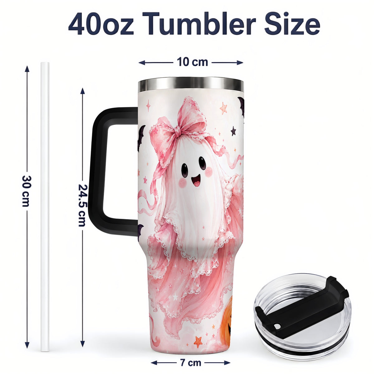 #pl[40oz|Black] Cute Pink Bow Ghost 40oz Tumbler, Pumpkin and Bat Artwork Drinkware