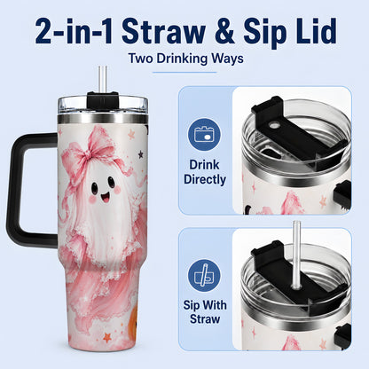 #pl[40oz|Black] Cute Pink Bow Ghost 40oz Tumbler, Pumpkin and Bat Artwork Drinkware