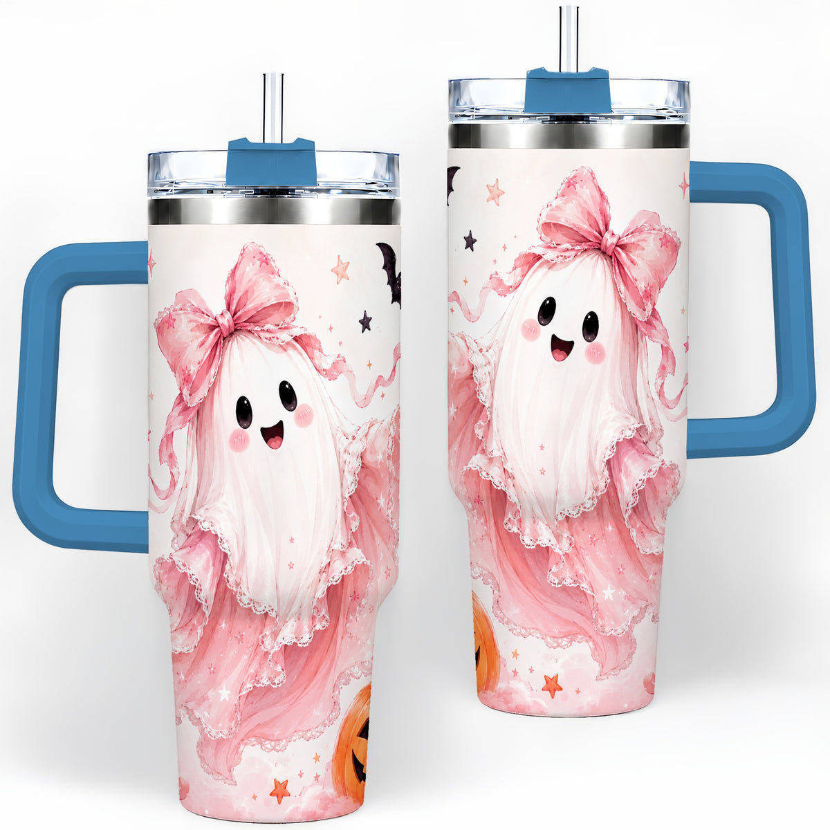 #pl[40oz|Blue] Cute Pink Bow Ghost 40oz Tumbler, Pumpkin and Bat Artwork Drinkware