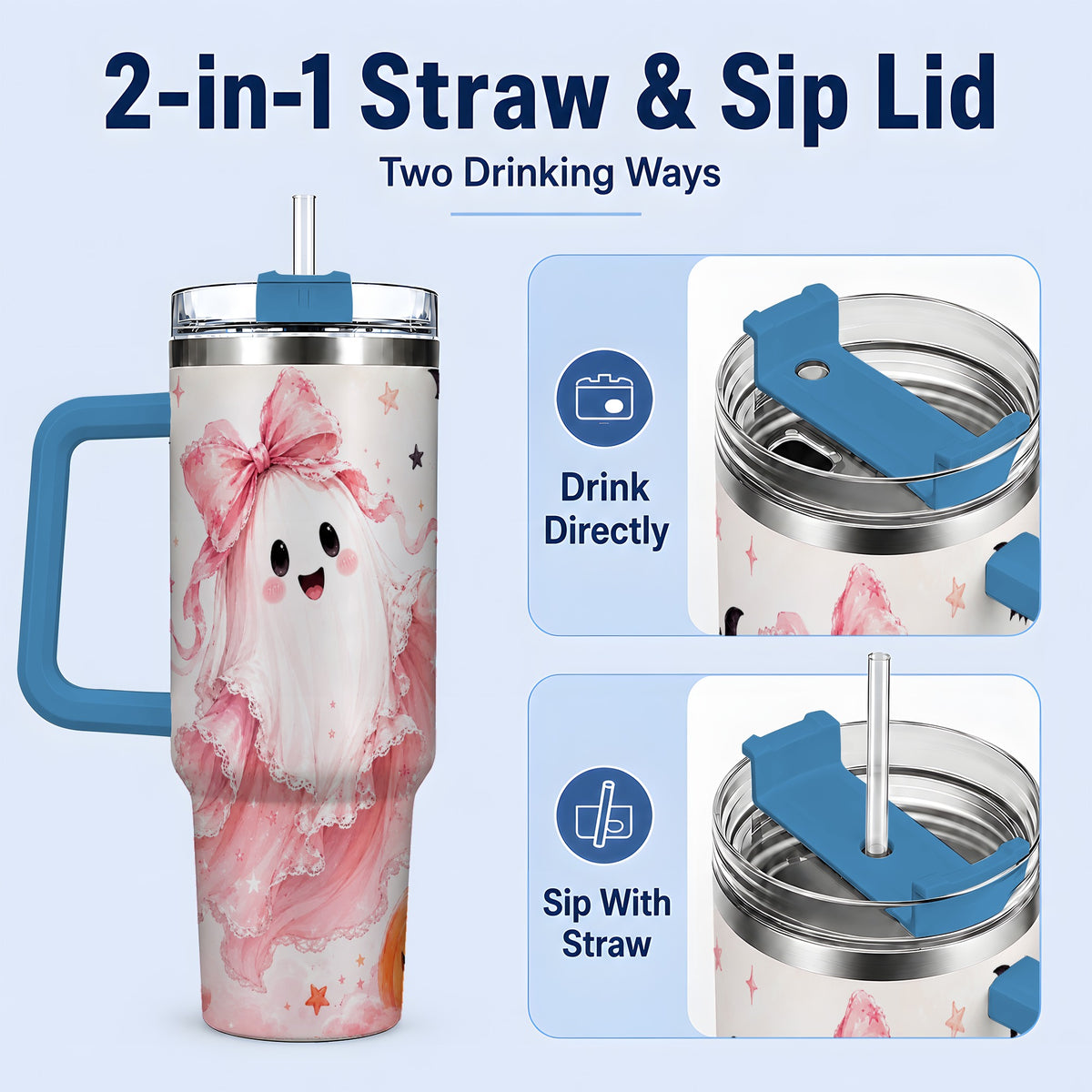 #pl[40oz|Blue] Cute Pink Bow Ghost 40oz Tumbler, Pumpkin and Bat Artwork Drinkware