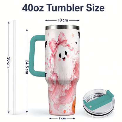 #pl[40oz|Green] Cute Pink Bow Ghost 40oz Tumbler, Pumpkin and Bat Artwork Drinkware