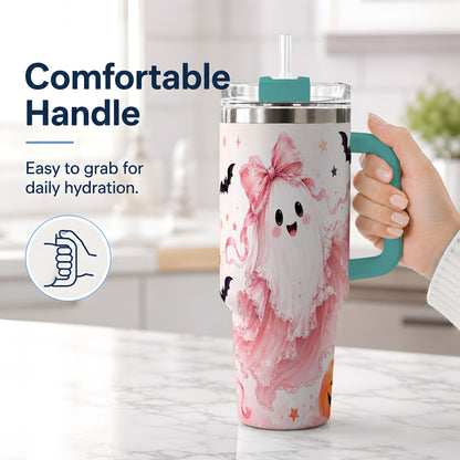 #pl[40oz|Green] Cute Pink Bow Ghost 40oz Tumbler, Pumpkin and Bat Artwork Drinkware