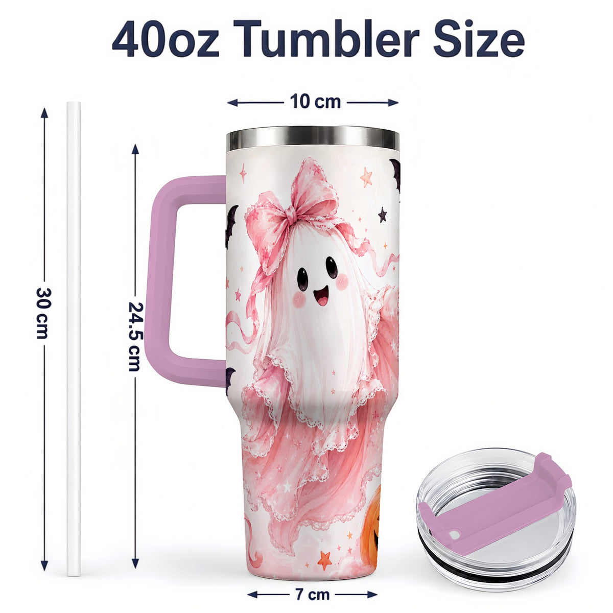 #pl[40oz|Pink] Cute Pink Bow Ghost 40oz Tumbler, Pumpkin and Bat Artwork Drinkware