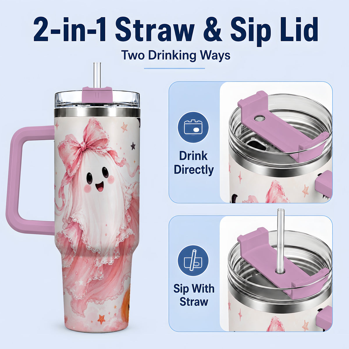 #pl[40oz|Pink] Cute Pink Bow Ghost 40oz Tumbler, Pumpkin and Bat Artwork Drinkware