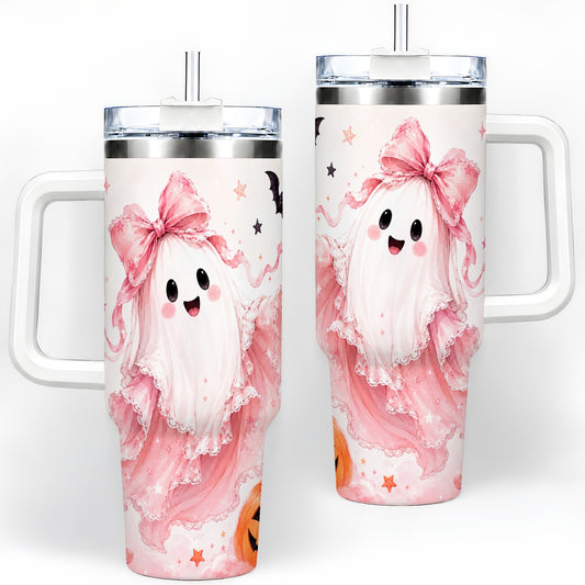 Cute Pink Bow Ghost 40oz Tumbler, Pumpkin and Bat Artwork Drinkware