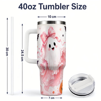 #pl[40oz|White] Cute Pink Bow Ghost 40oz Tumbler, Pumpkin and Bat Artwork Drinkware