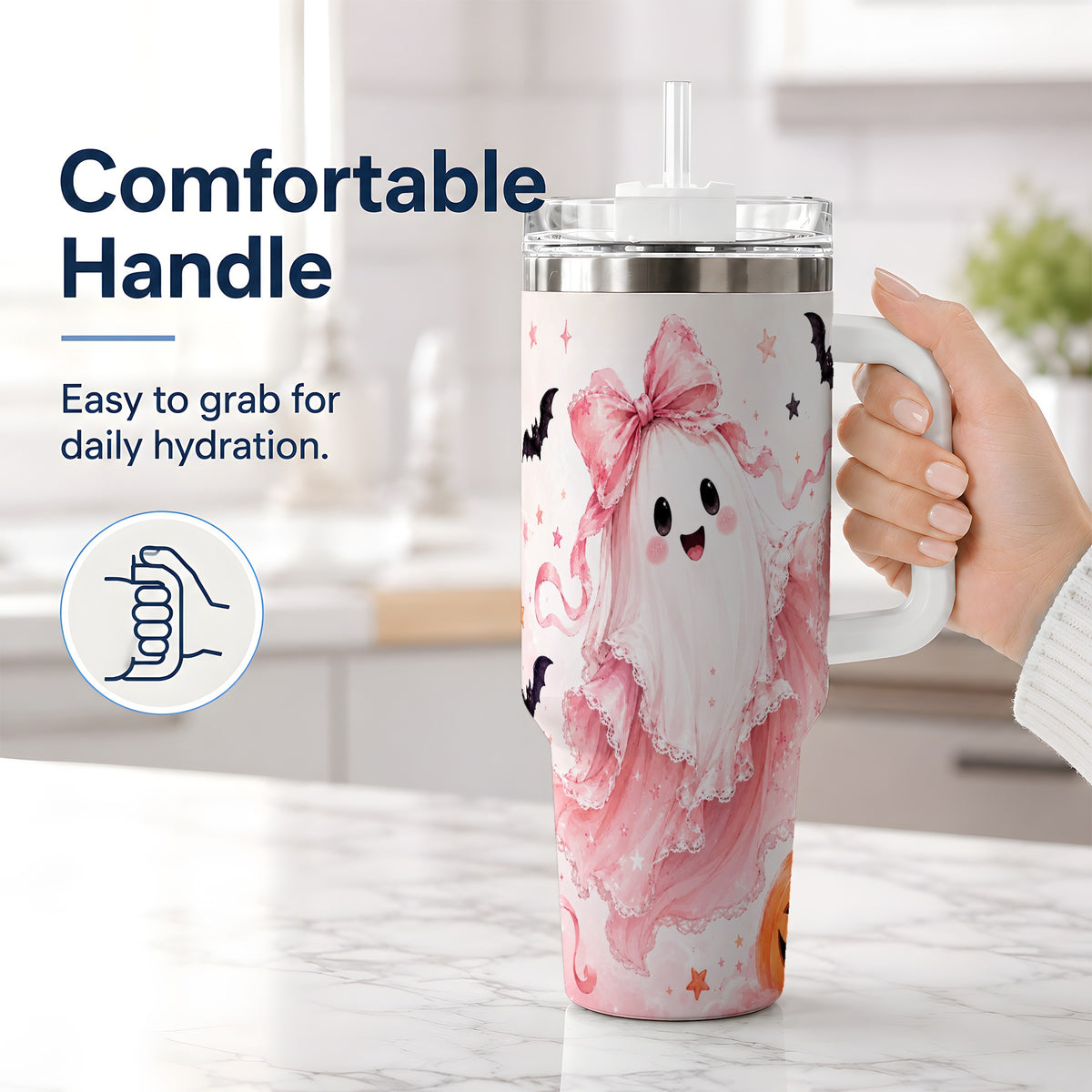 #pl[40oz|White] Cute Pink Bow Ghost 40oz Tumbler, Pumpkin and Bat Artwork Drinkware