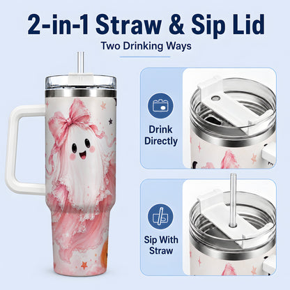 #pl[40oz|White] Cute Pink Bow Ghost 40oz Tumbler, Pumpkin and Bat Artwork Drinkware
