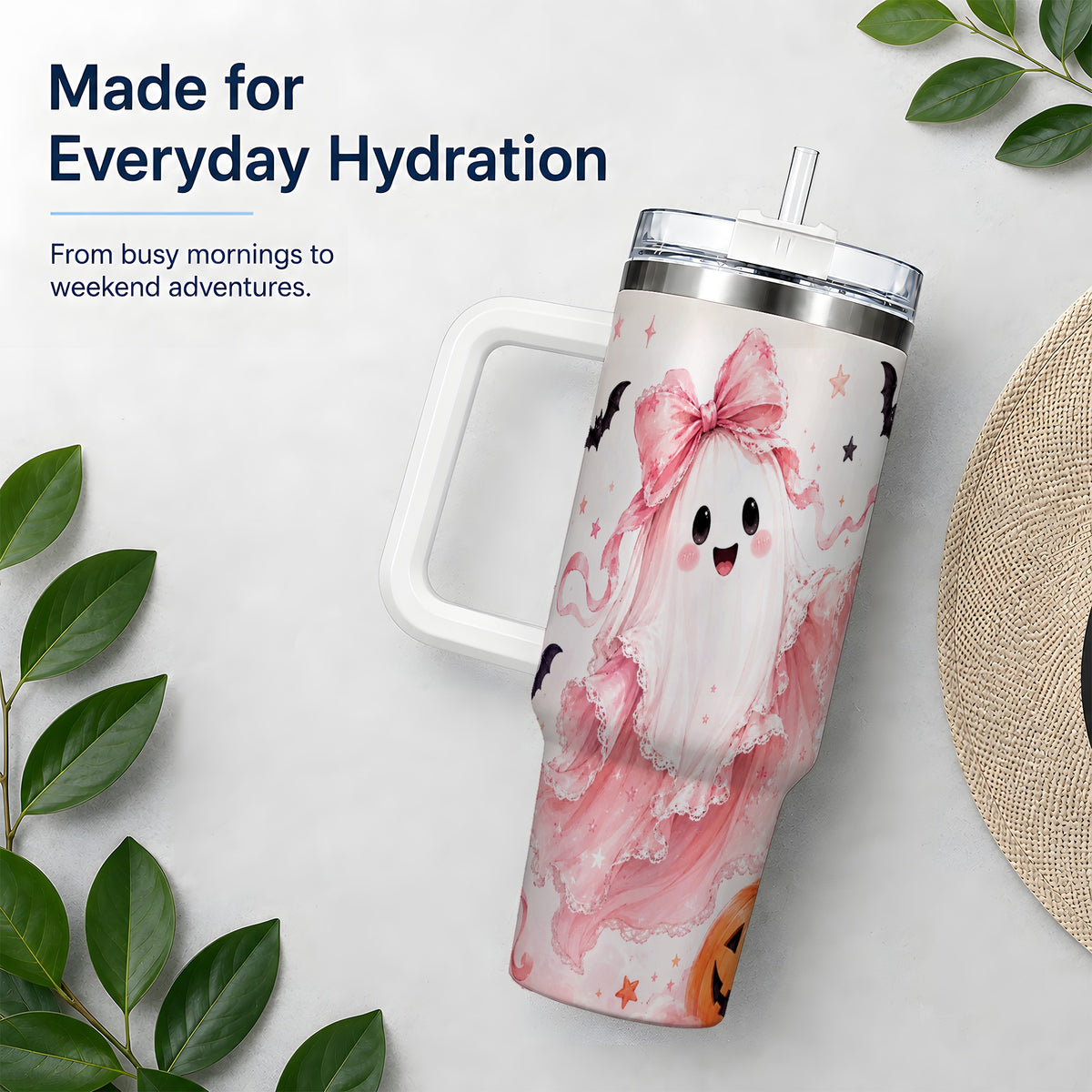 #pl[40oz|White] Cute Pink Bow Ghost 40oz Tumbler, Pumpkin and Bat Artwork Drinkware