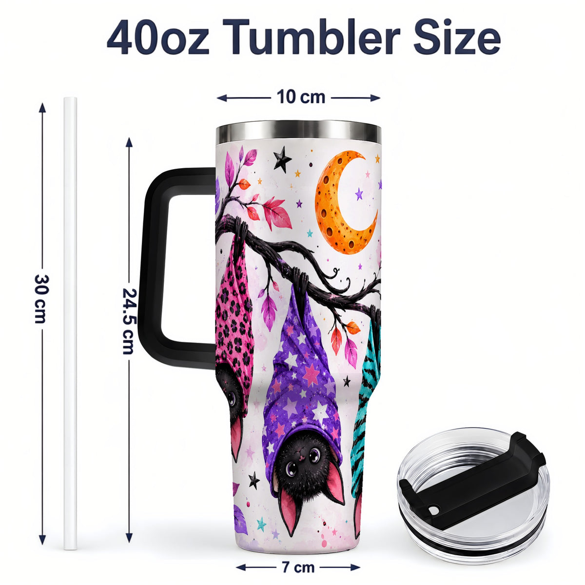 #pl[40oz|Black] Colorful Halloween Bat 40oz Tumbler, Crescent Moon Artwork Drinkware