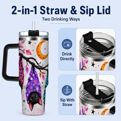 #pl[40oz|Black] Colorful Halloween Bat 40oz Tumbler, Crescent Moon Artwork Drinkware