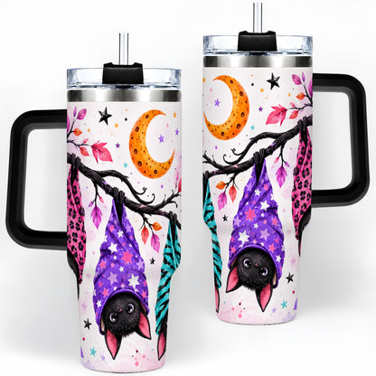 #pl[40oz|Black] Colorful Halloween Bat 40oz Tumbler, Crescent Moon Artwork Drinkware