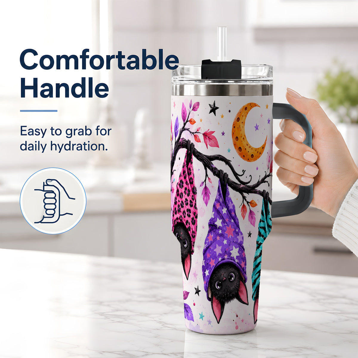 #pl[40oz|Black] Colorful Halloween Bat 40oz Tumbler, Crescent Moon Artwork Drinkware