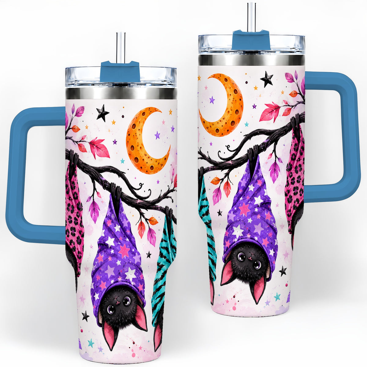 #pl[40oz|Blue] Colorful Halloween Bat 40oz Tumbler, Crescent Moon Artwork Drinkware