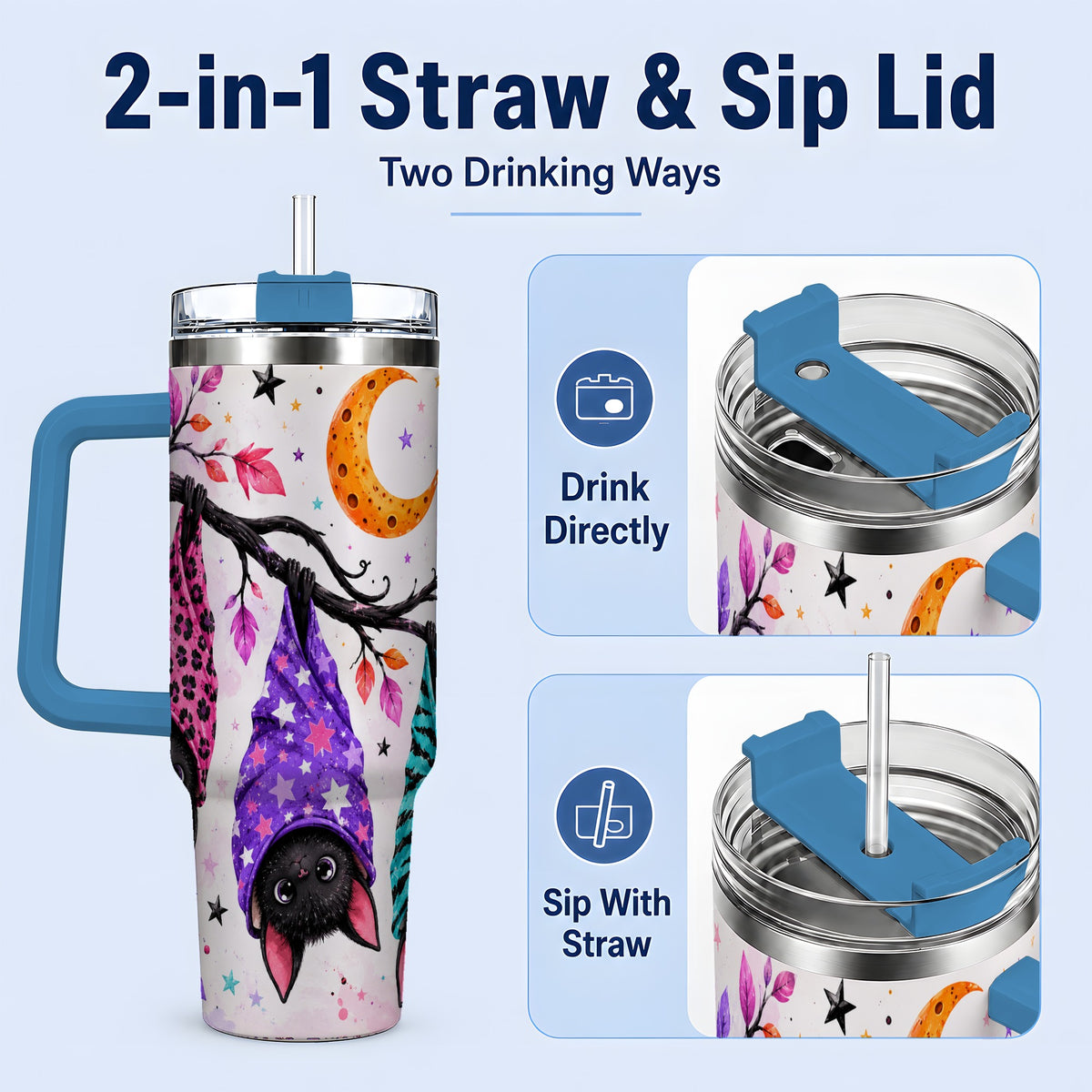 #pl[40oz|Blue] Colorful Halloween Bat 40oz Tumbler, Crescent Moon Artwork Drinkware