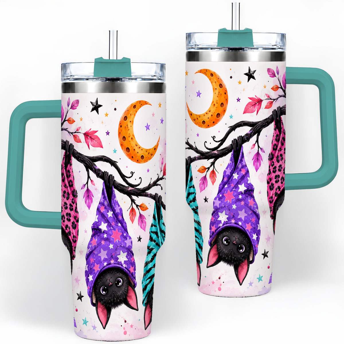 #pl[40oz|Green] Colorful Halloween Bat 40oz Tumbler, Crescent Moon Artwork Drinkware