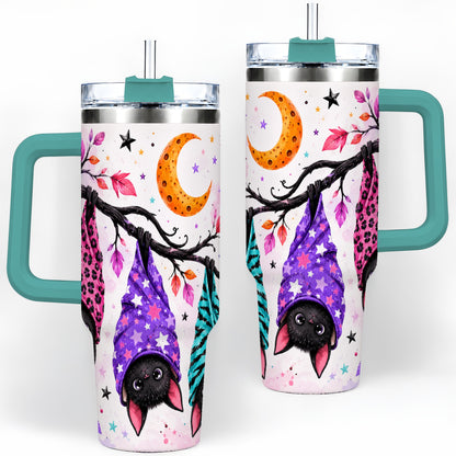 #pl[40oz|Green] Colorful Halloween Bat 40oz Tumbler, Crescent Moon Artwork Drinkware