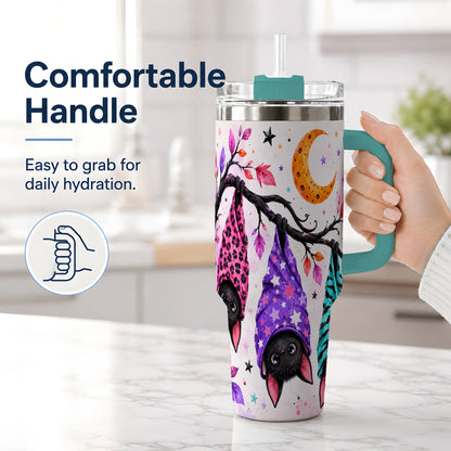#pl[40oz|Green] Colorful Halloween Bat 40oz Tumbler, Crescent Moon Artwork Drinkware