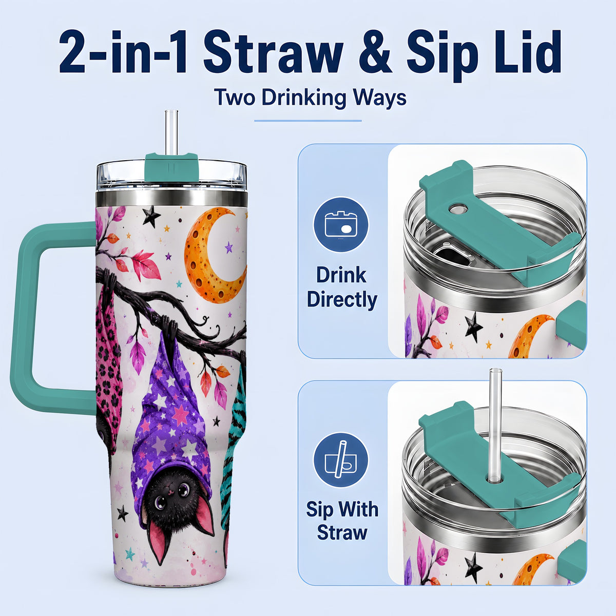#pl[40oz|Green] Colorful Halloween Bat 40oz Tumbler, Crescent Moon Artwork Drinkware