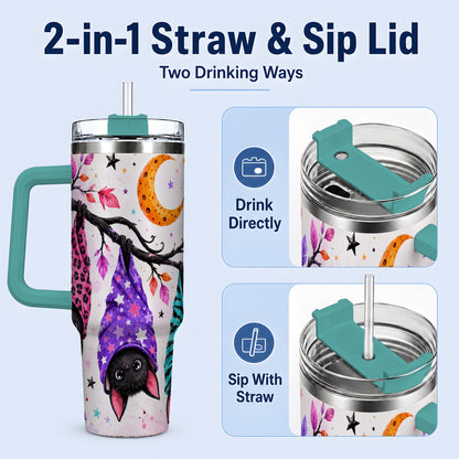 #pl[40oz|Green] Colorful Halloween Bat 40oz Tumbler, Crescent Moon Artwork Drinkware