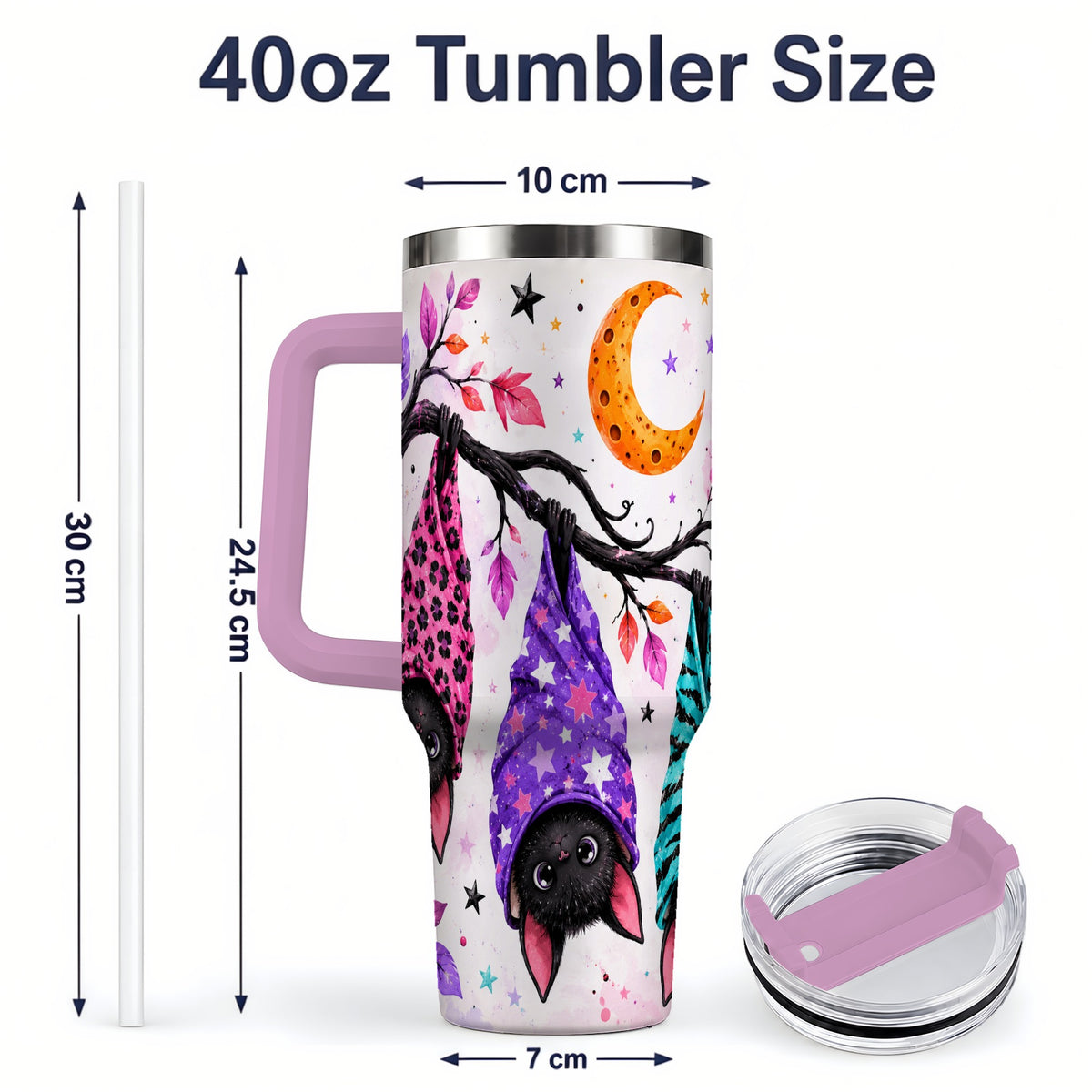 #pl[40oz|Pink] Colorful Halloween Bat 40oz Tumbler, Crescent Moon Artwork Drinkware