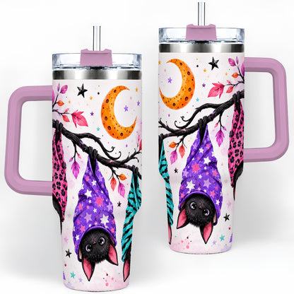#pl[40oz|Pink] Colorful Halloween Bat 40oz Tumbler, Crescent Moon Artwork Drinkware