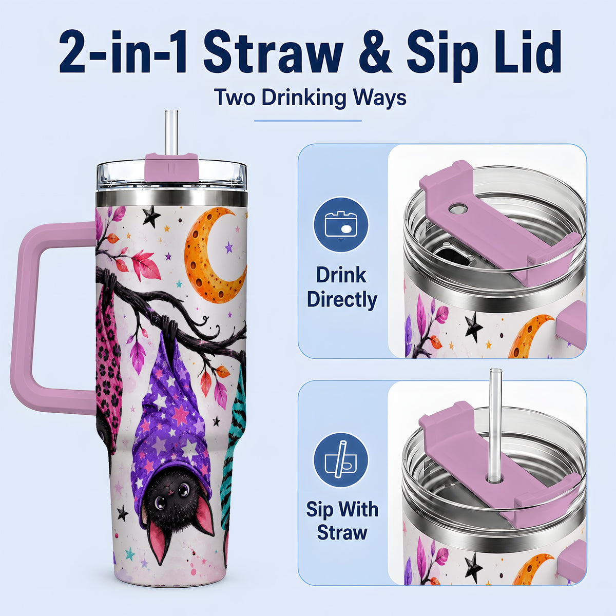 #pl[40oz|Pink] Colorful Halloween Bat 40oz Tumbler, Crescent Moon Artwork Drinkware