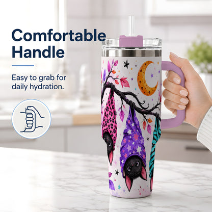 #pl[40oz|Pink] Colorful Halloween Bat 40oz Tumbler, Crescent Moon Artwork Drinkware