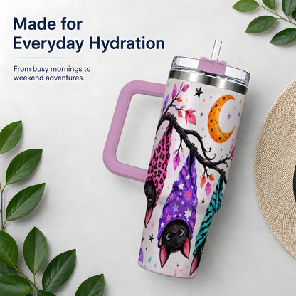 #pl[40oz|Pink] Colorful Halloween Bat 40oz Tumbler, Crescent Moon Artwork Drinkware