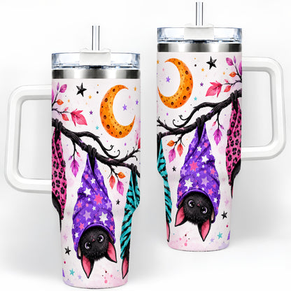 Colorful Halloween Bat 40oz Tumbler, Crescent Moon Artwork Drinkware