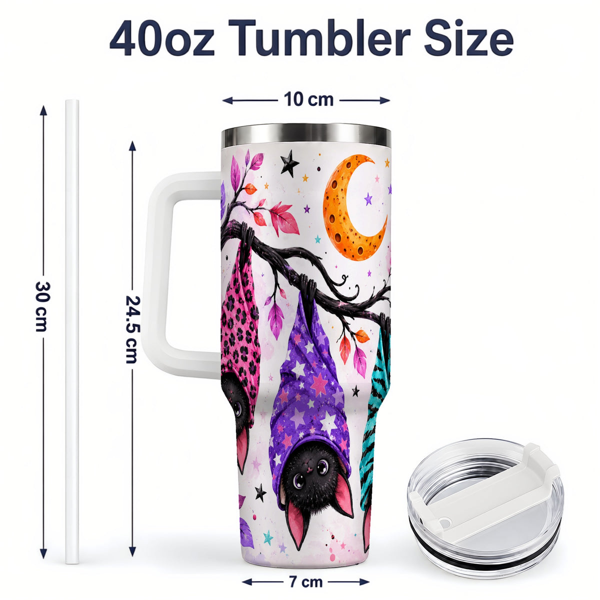 #pl[40oz|White] Colorful Halloween Bat 40oz Tumbler, Crescent Moon Artwork Drinkware