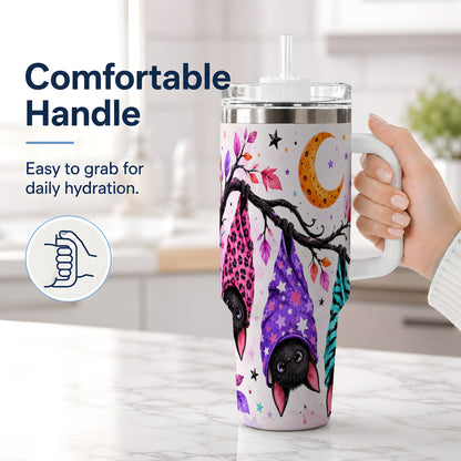 #pl[40oz|White] Colorful Halloween Bat 40oz Tumbler, Crescent Moon Artwork Drinkware