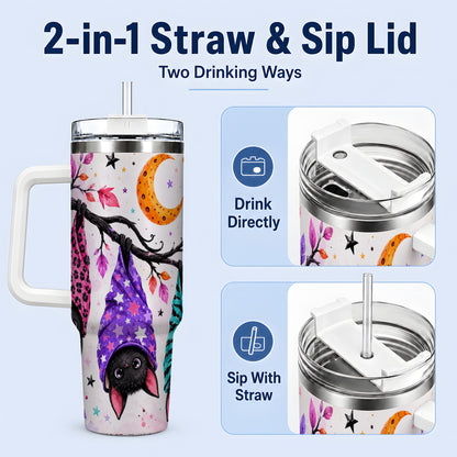 #pl[40oz|White] Colorful Halloween Bat 40oz Tumbler, Crescent Moon Artwork Drinkware