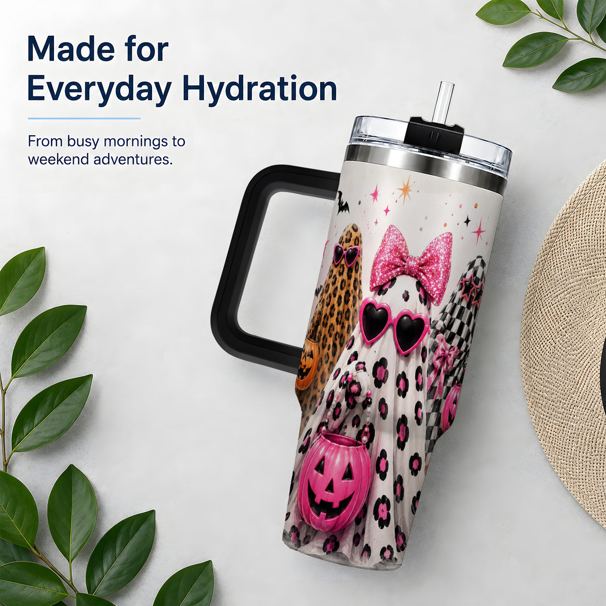 #pl[40oz|Black] Pink Leopard Halloween Ghost 40oz Tumbler, Pumpkin Artwork Drinkware