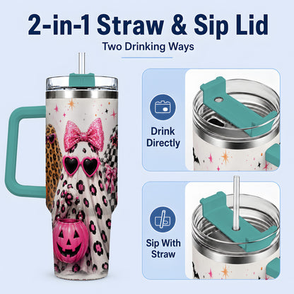 #pl[40oz|Green] Pink Leopard Halloween Ghost 40oz Tumbler, Pumpkin Artwork Drinkware